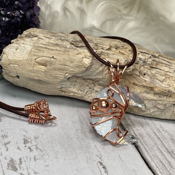 Genuine Opalite Crescent Moon Copper Wrap Leather Cord Boho Style - Picture 13 of 17